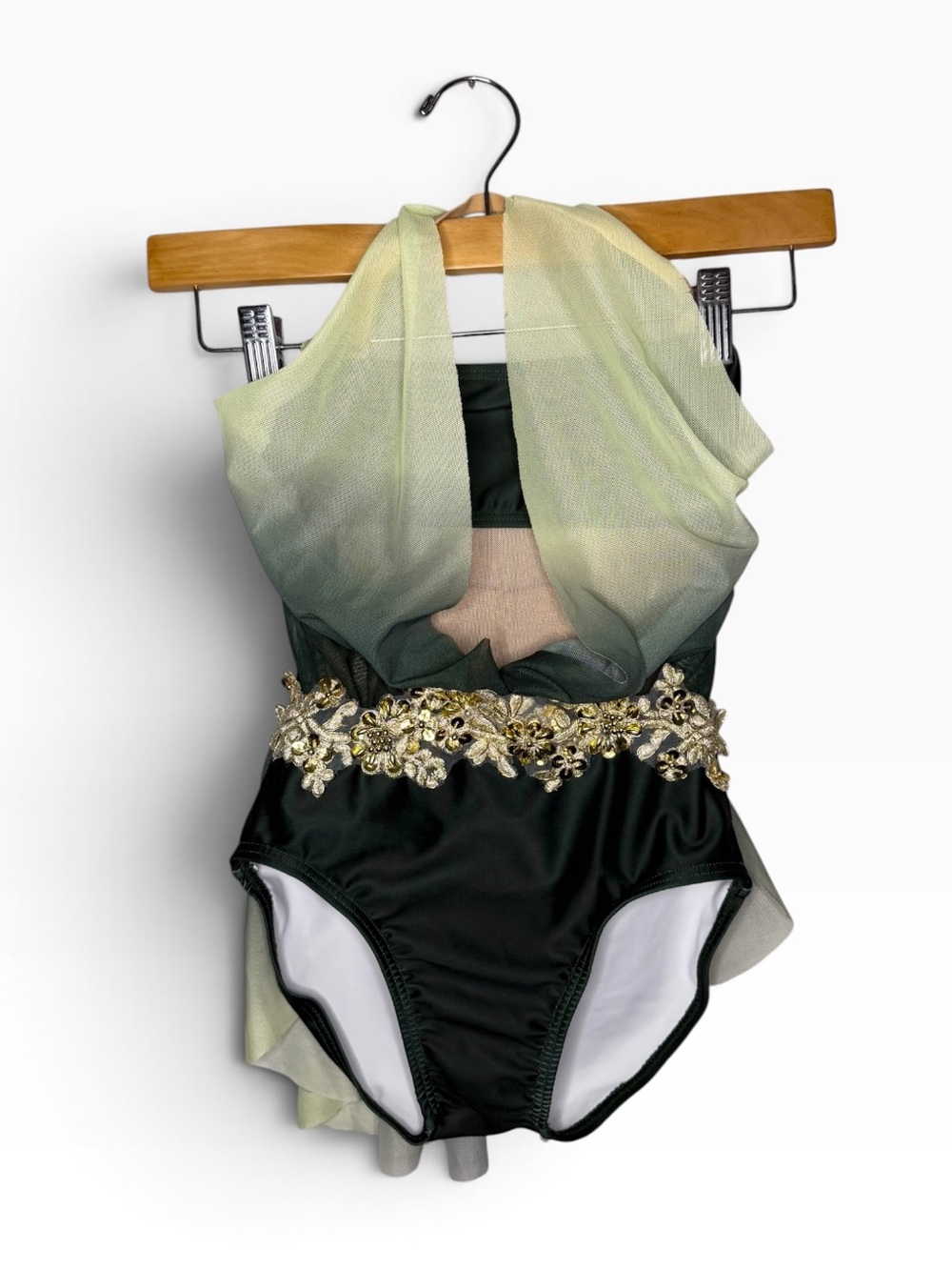 Weissman Lifelines Draped Halter Leotard with Applique in Green IC